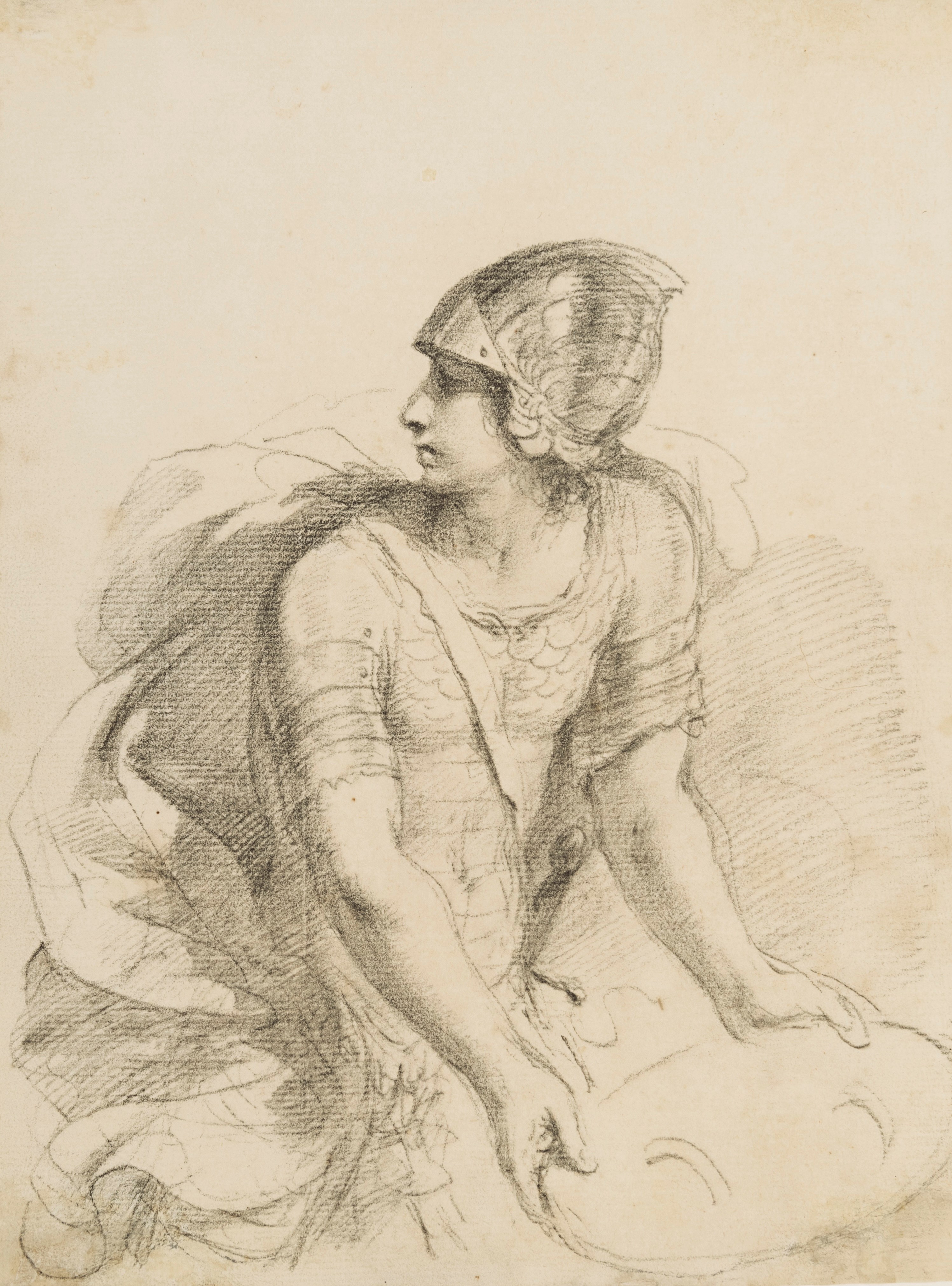 A Soldier in Armour Facing Right, Holding a Shield and Looking to the Left